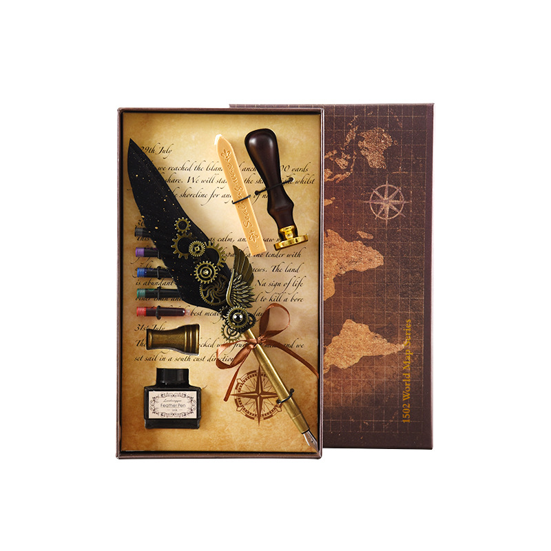 Retro Feather Pen Set With Copper Pen Stand Seal Wax Stamp Gift Set